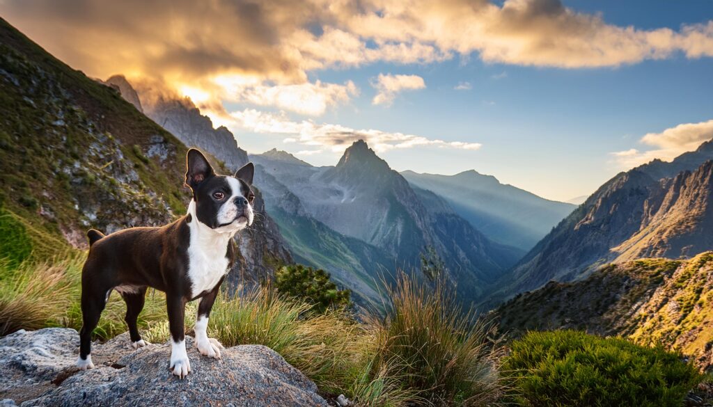 Boston Terrier en la sierra de una ladera de montaña 