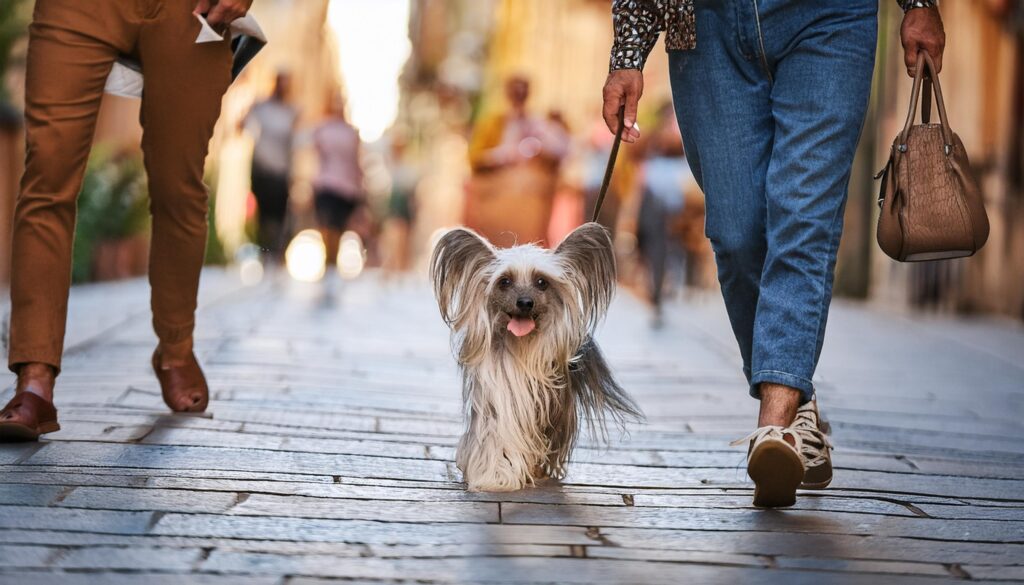 Un Perro Crestado Chino paseando por la ciudad con la familia 