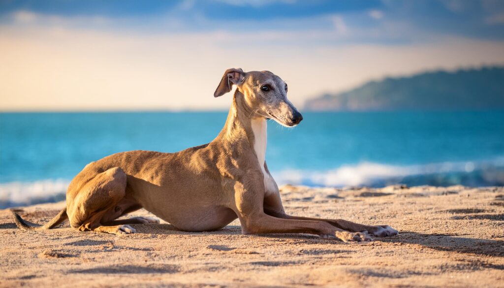 Un Perro Galgo Italiano tumbado frente al mar 