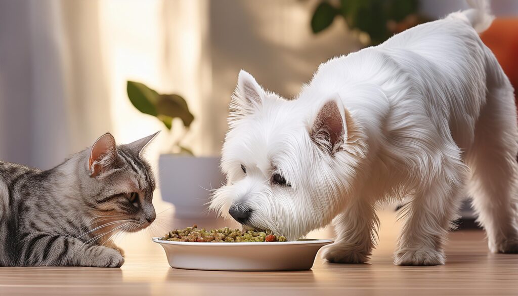 West Highland White Terrier comiendo junto a un gato en casa 