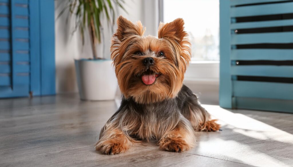 Yorkshire Terrier contento y alegre jugango en casa 