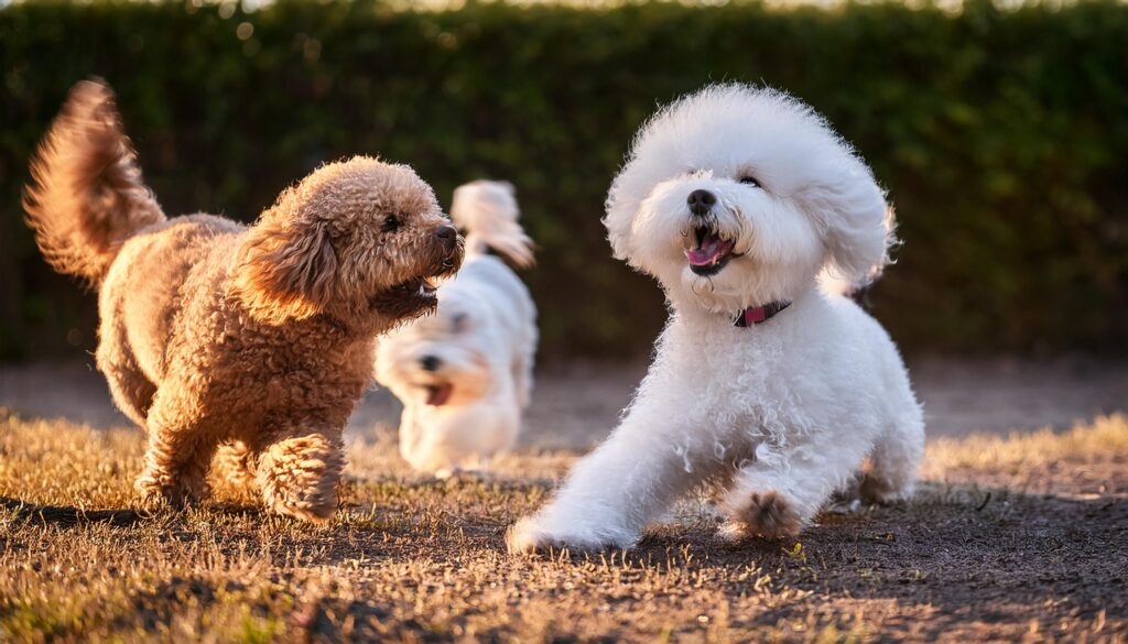 perro Bichón Frisé jugando con otros perros