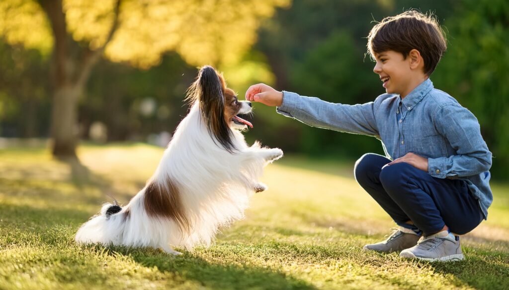 perro Papillon jugando con un niño en el parque