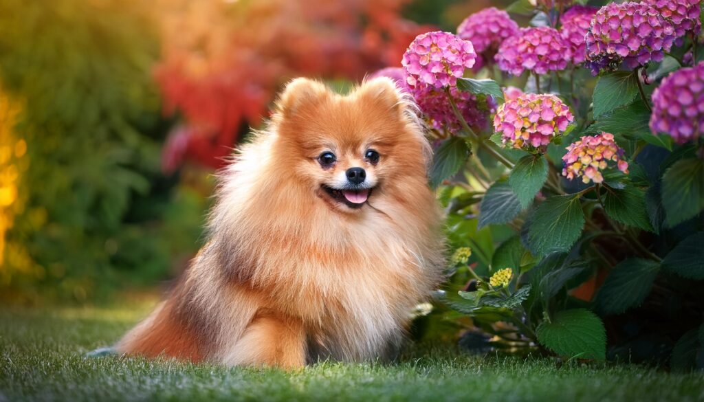 perro Pomerania en un jardin